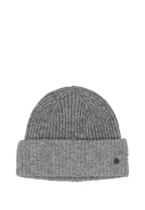 Gray knitted beanie with a rolled cuff and a small black round logo on the lower right side of the cuff.