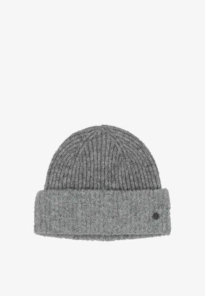 Gray knitted beanie with a rolled cuff and a small black round logo on the lower right side of the cuff.