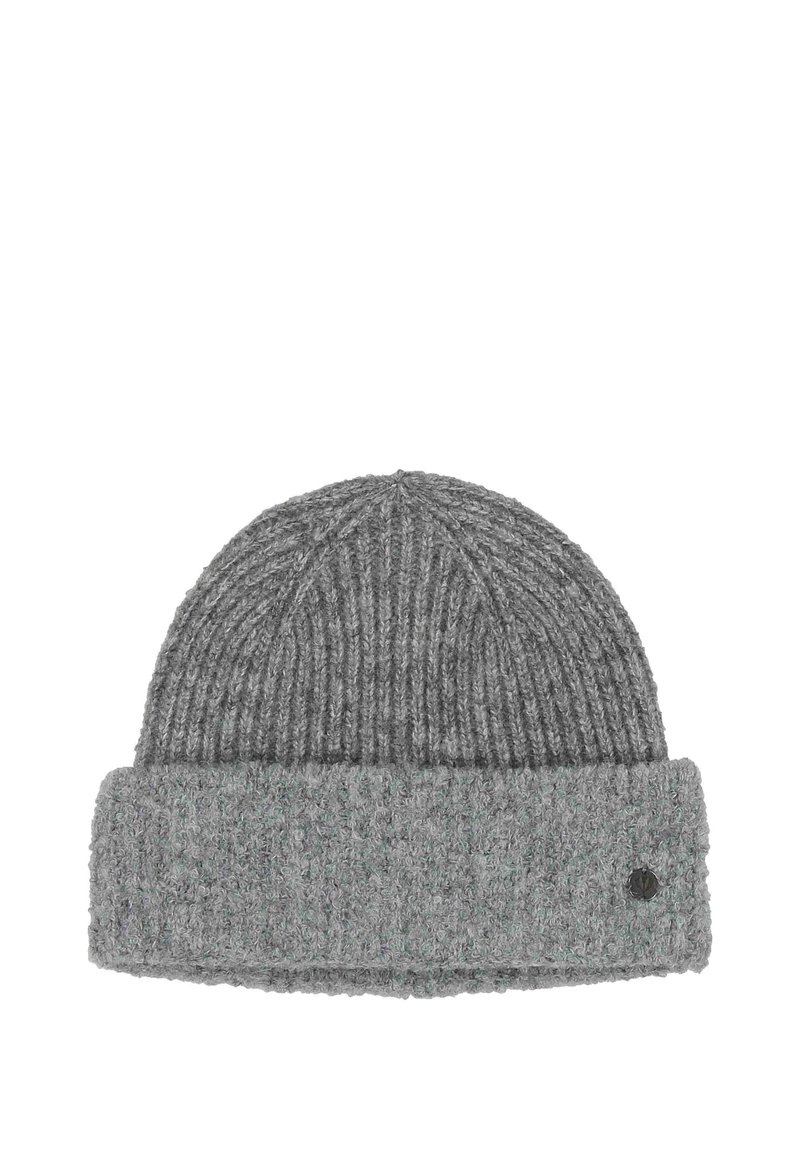 Gray knitted beanie with a rolled cuff and a small black round logo on the lower right side of the cuff.