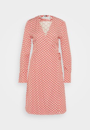 Abito avvolgente rosso con maniche lunghe, caratterizzato da un motivo a scallop bianco. Collo a V e dettaglio in stile cravatta in vita. Tessuto dalla consistenza liscia.