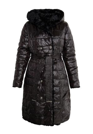 Zwarte pufferjas met een glanzende, gewatteerde buitenkant, voorzien van een met nepbont gevoerde capuchon, een ceintuur in de taille en accenten van zilverkleurige knopen.