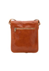 Borsa a tracolla in pelle marrone con una texture liscia, forma rettangolare e tasca frontale con zip e hardware dorato.