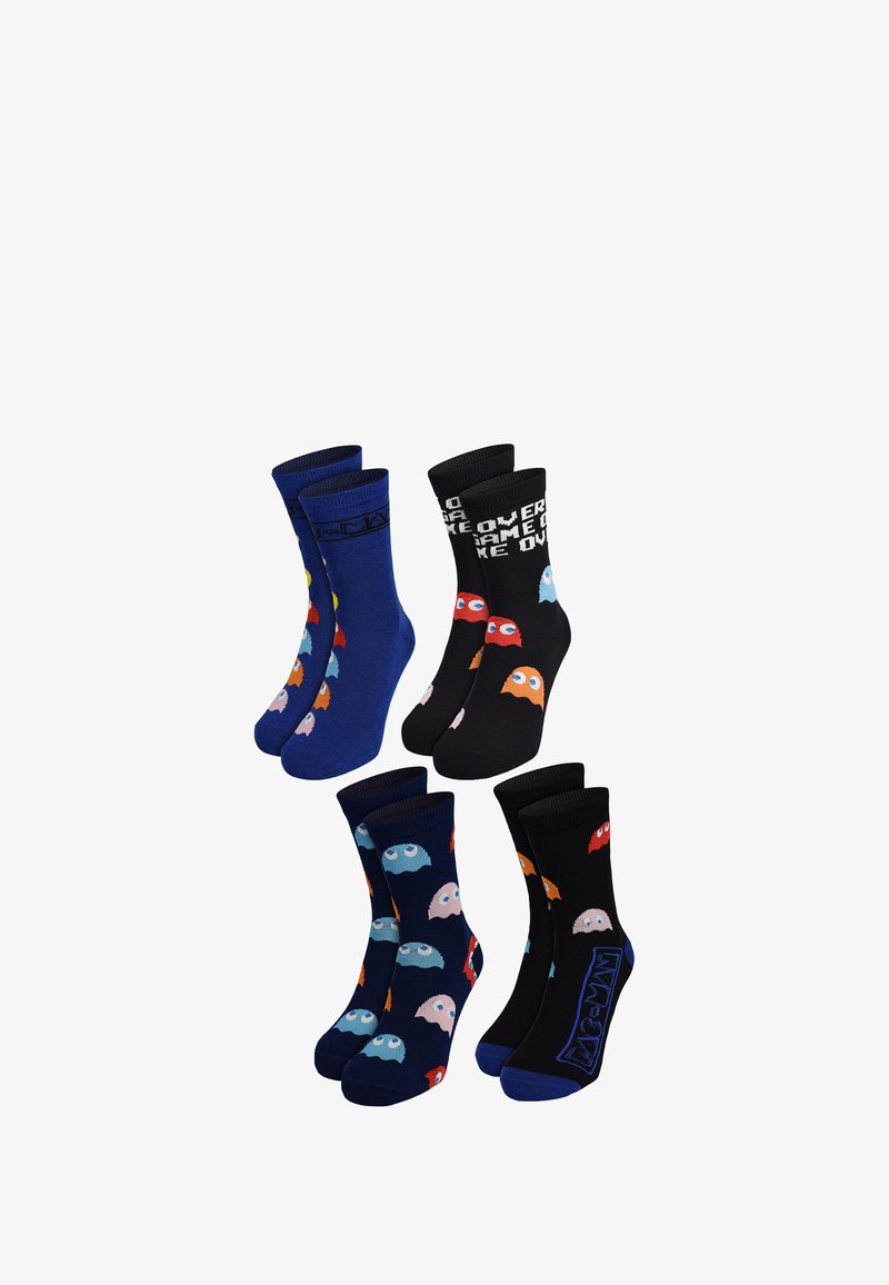 Quattro paia di calzini di cotone. Blu navy con motivi di fantasmi multicolori; neri con motivi di fantasmi e testo. Parte superiore a coste; lunghezza media.