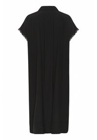 Black, knee-length dress with a relaxed silhouette, short sleeves, collar, and intricate lace trim at the sleeve edges. Soft fabric texture.
