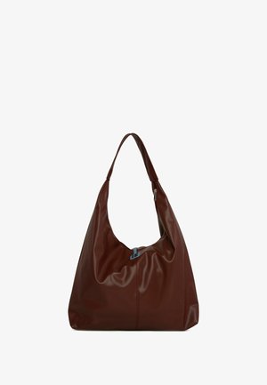 Rjava usnjena hobo torba z enim naramnikom, nabrano oblikovanje, gladka tekstura in zadrgo z modrim poudarkom.