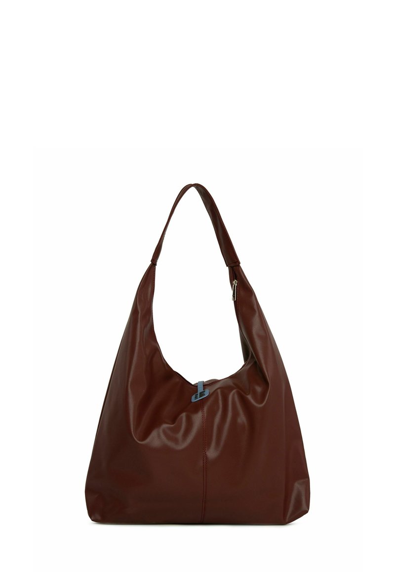 Hnedá kožená hobo taška s jedným ramenným popruhom, plisovaným dizajnom, hladkou textúrou a zipsom so svetlomodrým akcentom.