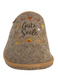 Gray felt slipper featuring embroidered "Gute Seele" text with colorful accents and sun motifs. Soft texture and rounded design with tan trim.