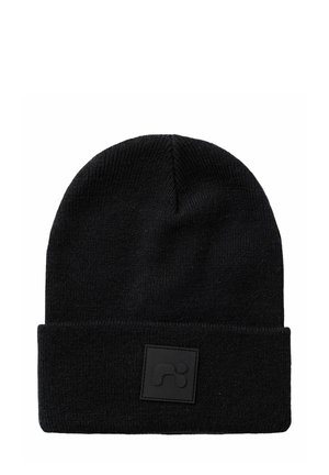 Black knit beanie with folded cuff featuring a small square patch with a subtle embossed logo on the front center.