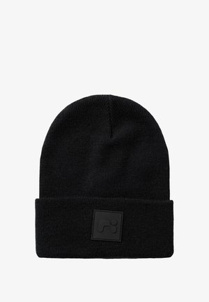 Black knit beanie with folded cuff featuring a small square patch with a subtle embossed logo on the front center.