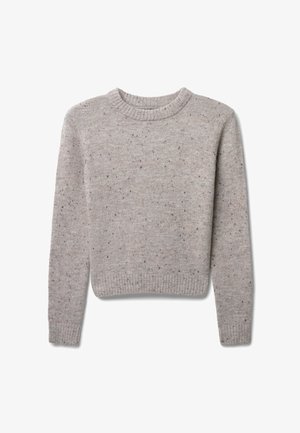 Grau gestrickter Pullover mit Rundhalsausschnitt, langen Ärmeln und verkürztem Saum. Enthält Farbspritzer in verschiedenen Farben im gesamten Stoff.