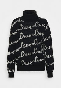 Černý pletený svetr s rolákem, na kterém se opakuje bílý vzor "Love", má žebrované manžety a mírně volný střih.