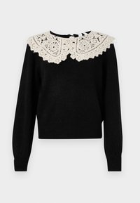 Pull noir avec un col en dentelle crème délicate. Il présente des manches longues et un ourlet côtelé, fabriqué en matériau doux pour une coupe confortable.