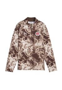 Rudas kamufliažo zip-up džemperis su ilgomis rankovėmis, su apvaliu FC St. Pauli logotipu ir Puma logotipu ant krūtinės, tekstūruota medžiaga.