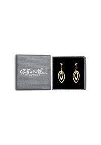 Orecchini in metallo color oro a forma di foglia esposti in una scatola regalo grigia con interno in velluto nero. La scatola presenta un logo argentato sulla parte superiore.
