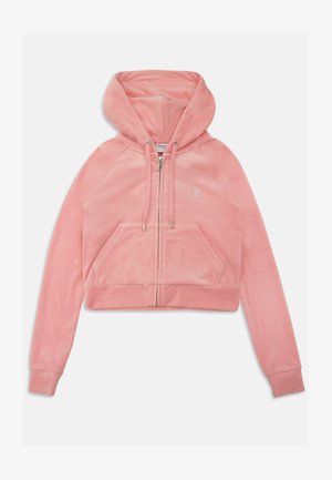 Hoodie cropped rosa feito de tecido macio e peludo. Possui um fecho de correr frontal, capuz com cordão e dois bolsos frontais com detalhe de logótipo.