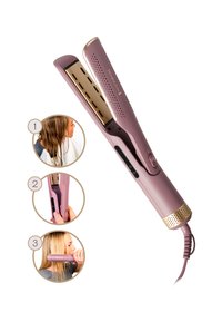 Rose gold hårglatter med gullplater, teksturert grep og en av/p�å knapp på siden. Inkluderer instruksjonsbilder i sirkel.