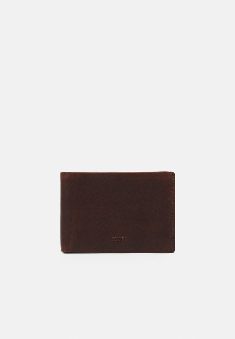 Portafoglio marrone in pelle con texture liscia, forma rettangolare e nome del marchio impresso. Nessun hardware visibile o dettagli aggiuntivi.