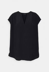 Blusa nera a maniche corte con scollatura a V e dettagli plissettati, realizzata in tessuto morbido, caratterizzata da una vestibilità rilassata e un orlo curvo.