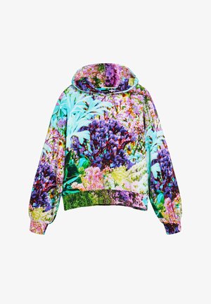 Bluza z kapturem z żywym nadrukiem kwiatowym w odcieniach fioletu, różu, niebieskiego i zieleni, z długimi rękawami i elastycznymi mankietami.