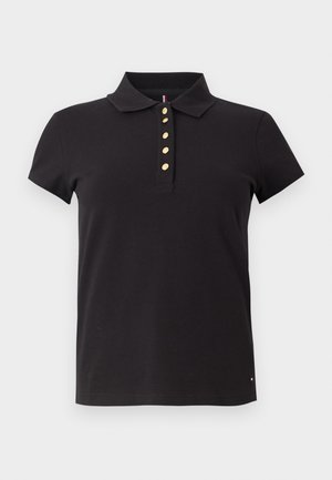 Black polo shirt in cotton, featuring a classic collar, short sleeves, and five gold buttons on the placket. Subtle logo at the hem.