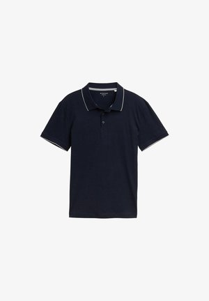 Tume sinine polo särk, mis on valmistatud puuvillast, klassikalise krae, kolme nupuga avaga ning kontrastsete heledate hallide äärtega krael ja varrukatel.