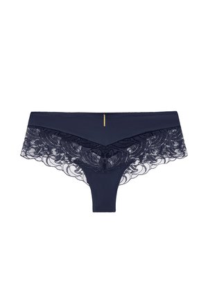 Lingerie bleu marine avec un devant en tissu lisse et des détails en dentelle délicate au dos, agrémentée d'un petit accent doré à la taille.