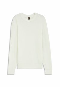 Maglione bianco lavorato a maglia con texture a coste, scollatura rotonda e maniche lunghe con polsini aderenti. Design pulito e minimalista senza decorazioni.
