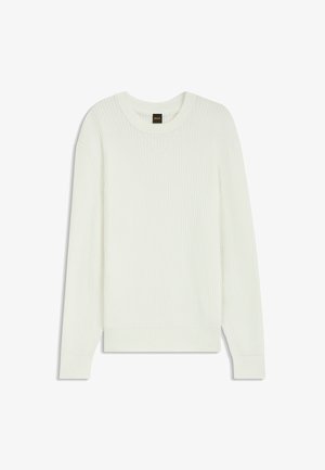 Maglione bianco lavorato a maglia con texture a coste, scollatura rotonda e maniche lunghe con polsini aderenti. Design pulito e minimalista senza decorazioni.