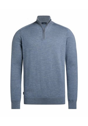 Pull en tricot léger bleu clair avec un col zippé, texture en maille fine, manches longues et poignets et ourlet côtelés. Design simple et classique.