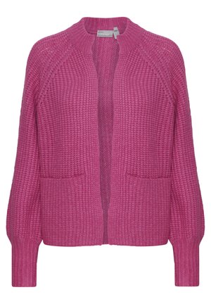 Cardigan tricoté de couleur rose vif avec un design texturé, doté d'un col rond, d'une ouverture devant, de deux poches avant et de poignets côtelés.