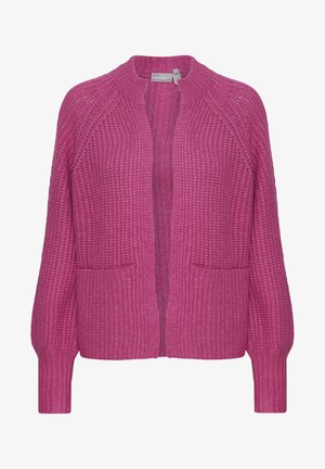 Pletena jopica v živahno roza barvi z teksturo, z okroglim izrezom, odprtim sprednjim delom, dvema sprednjima žepoma in rebrastimi manšetami.