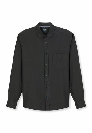 Schwarzes Langarmhemd aus gewebtem Stoff, mit Kragen, Knopfverschluss, einer Brusttasche und blauen Knopfakzenten.