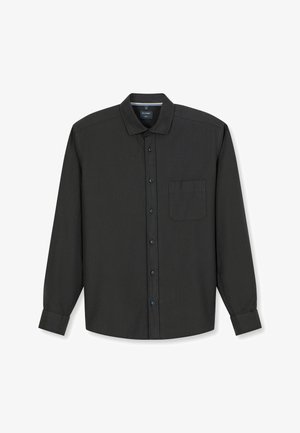 Schwarzes Langarmhemd aus gewebtem Stoff, mit Kragen, Knopfverschluss, einer Brusttasche und blauen Knopfakzenten.