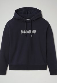 Felpa con cappuccio blu navy con logo frontale grigio chiaro. Presenta un cappuccio regolabile con cordino e polsini e orlo a costine. Realizzata in tessuto morbido.