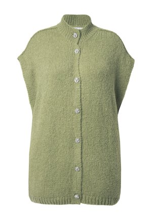 Sleeveless olive green knit cardigan with a high collar and six decorative silver buttons down the front.