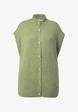 Ärmellose olivgrüne Strickjacke mit hohem Kragen und sechs dekorativen silbernen Knöpfen vorne.