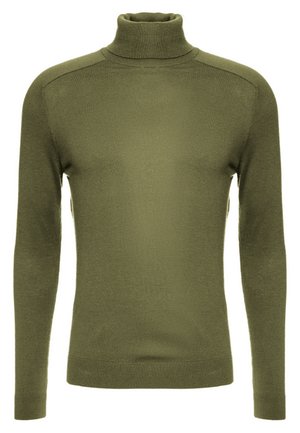 Olivgrüner Langarm-Rollkragenpullover mit gerippten Bündchen und Saum, hergestellt aus glattem Strickstoff.