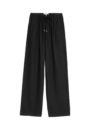 Zwarte brede broekspijpen gemaakt van lichtgewicht stof, met een elastische tailleband met trekkoord en schuine zijzakken.