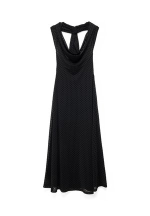 Črna maxi obleka brez rokavov z prozornim prekrivanjem s pikami in nabrano vratno linijo s kapuco.