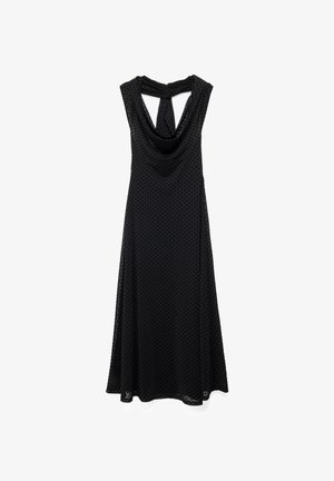 Črna maxi obleka brez rokavov z prozornim prekrivanjem s pikami in nabrano vratno linijo s kapuco.
