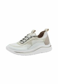 Sneaker leggera con tomaia in mesh testurizzato di colore beige e bianco, dotata di lacci elasticizzati e di una suola bianca imbottita con un accento argentato.