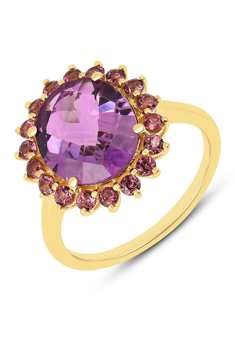 Goldring mit einem zentralen lila Stein, umgeben von kleineren rosa Steinen, mit einem polierten Band und einem floralen Clusterdesign.