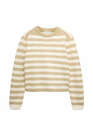 Pull en maille à manches longues avec des rayures horizontales beige et blanches et un col rond.