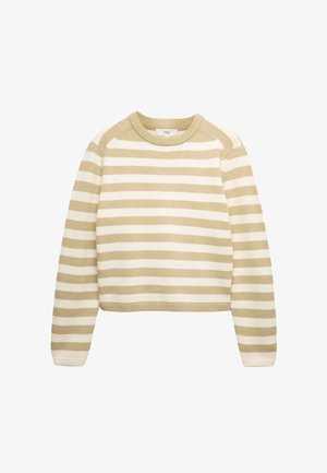 Long-sleeve knitted sweater with beige and white horizontal stripes and a round neckline.