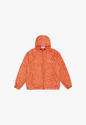 Orange patterned jacket with a hood, featuring a geometric design, lightweight fabric, elastic cuffs, and two front pockets.
