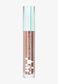 MAC Lipglass i en klar tube med en teal- og hvidstribet kapsel. Glansen er en skinnende bronze med fine glimmerpartikler.