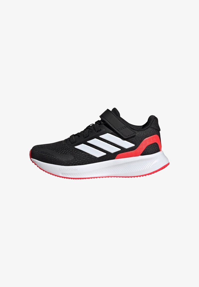 Black athletic shoe with white stripes, red accents, textured upper, padded collar, and a rubber sole with Cloudfoam branding.