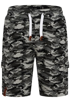 Heren camo cargoshorts met witte trekkoord, elastische tailleband, zijzakken en bruin merkembleem op de onderkant van het linkerbeen.