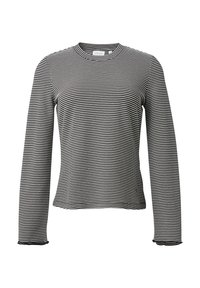Black and white long-sleeve top with a textured houndstooth pattern, round neckline, and slightly frilled cuffs.