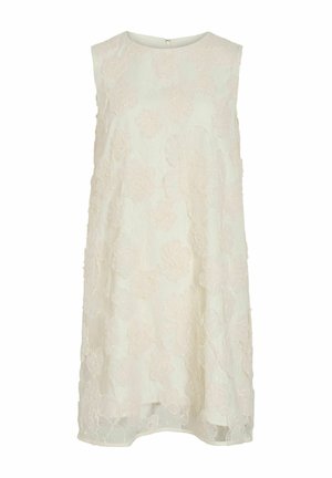 Vestido sin mangas en crema con una superposición de encaje floral y un escote redondo, con cierre de cremallera oculta en la parte trasera.